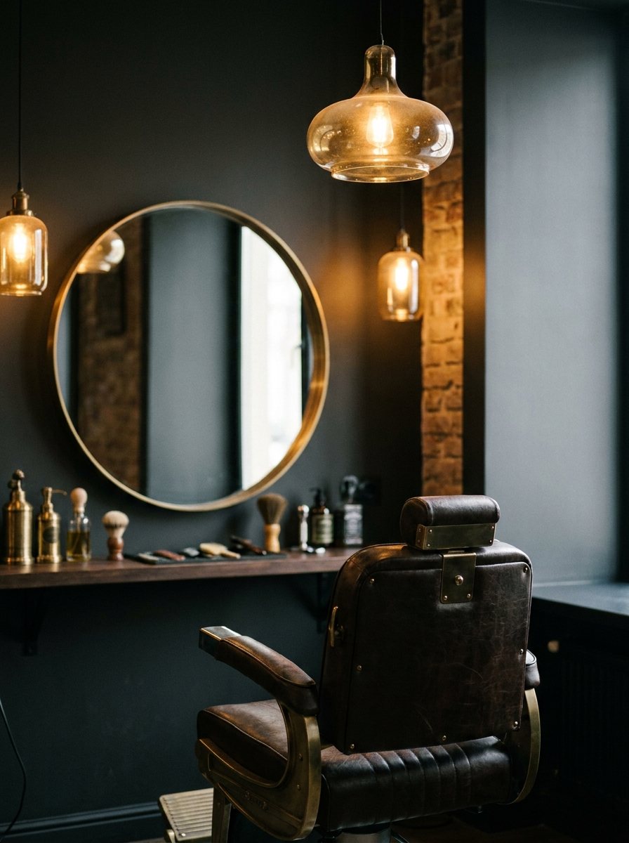 Warm interieur van New Style Barbershop met vintage barberstoel en ronde spiegel